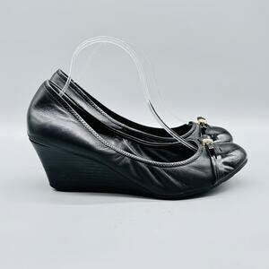 Cole Haan Shoes Womens 11 Black Wedge Heels Bow Patent Cap Toe Comfort Work